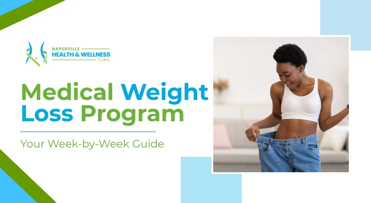 Naperville Health & Wellness Clinic graphic reading Medical Weight Loss Program: Your Week-by-Week Guide, next to a smiling woman holding out the loose waistband of her old jeans after weight loss