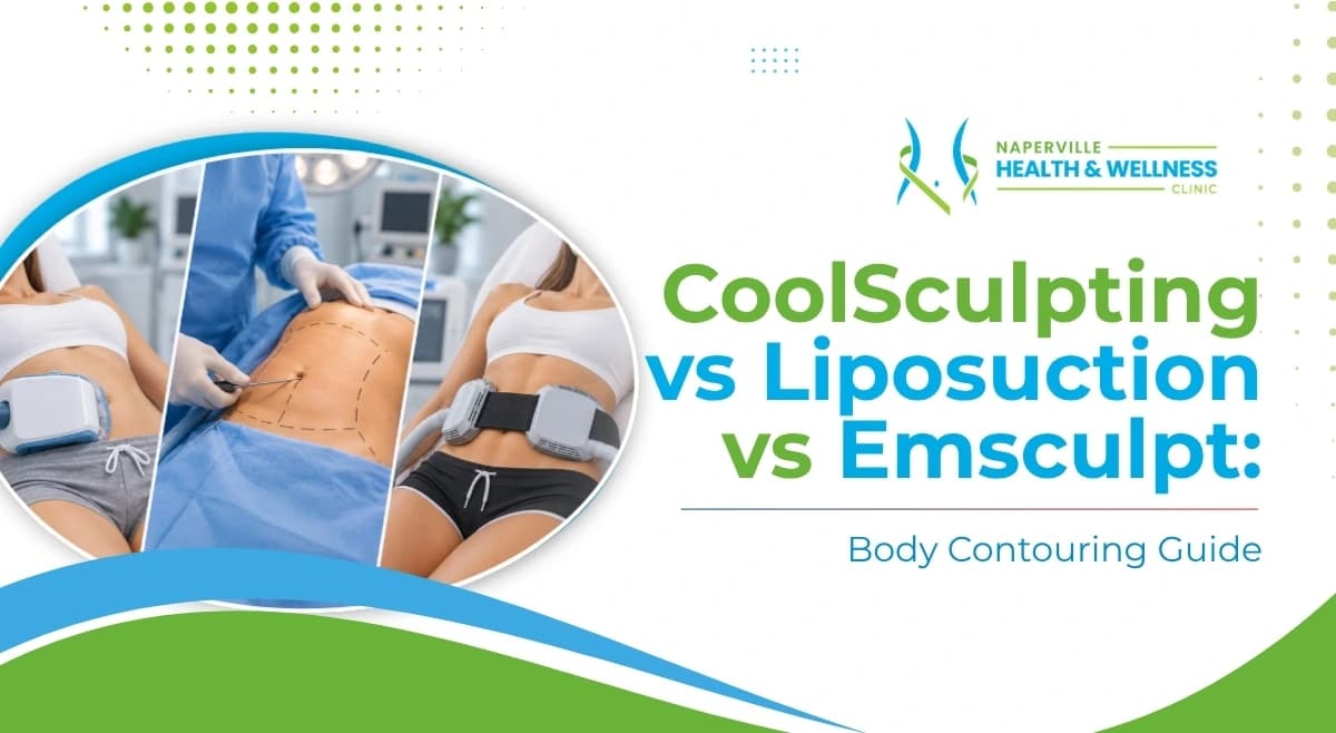 Side-by-side CoolSculpting, liposuction, and Emsculpt body contouring treatments at Naperville Health & Wellness Clinic