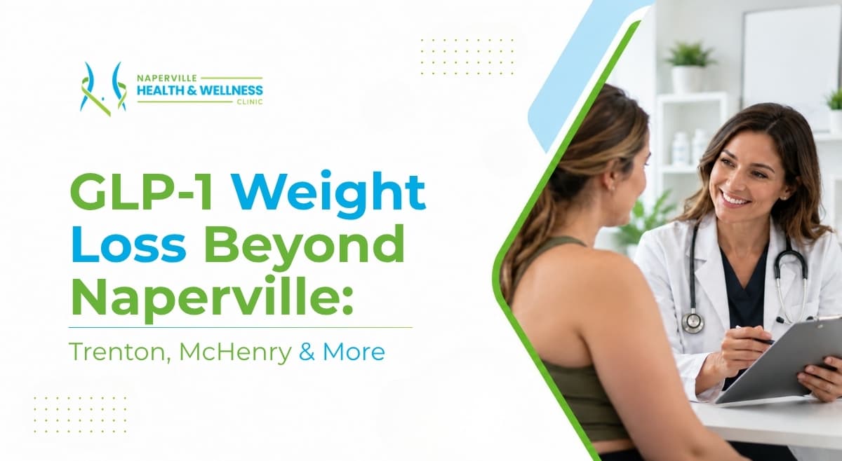 Naperville Health & Wellness provider with a clipboard consulting a patient about GLP-1 weight loss for Trenton, McHenry, and other Illinois communities
