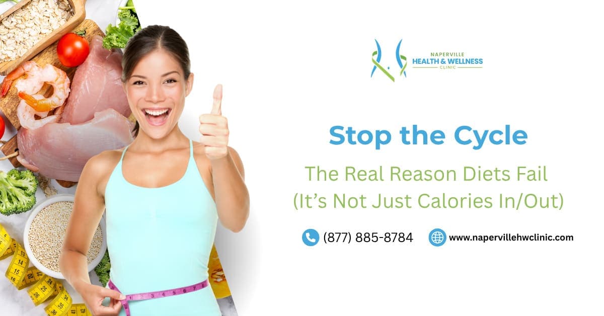 Balanced plate with colorful fruits, vegetables, and whole grains promoting healthy eating and sustainable weight loss in Naperville.