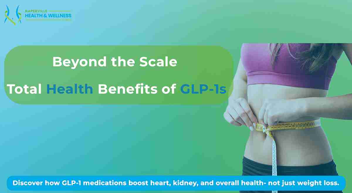 Illustration showing key health benefits of GLP-1 medications, including heart protection, kidney support, reduced inflammation, improved metabolic health, and weight management