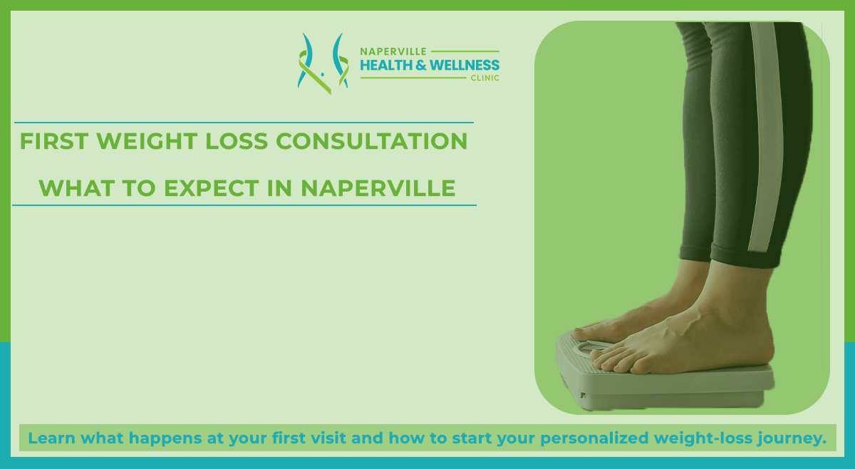 Patient during their first weight loss consultation at Naperville Health & Wellness Clinic, discussing goals and treatment plan with a wellness provider.