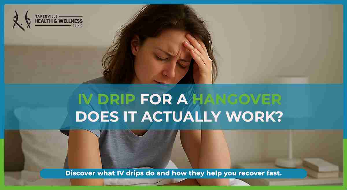 Patient receiving a hangover IV drip for rapid hydration at Naperville Health & Wellness Clinic