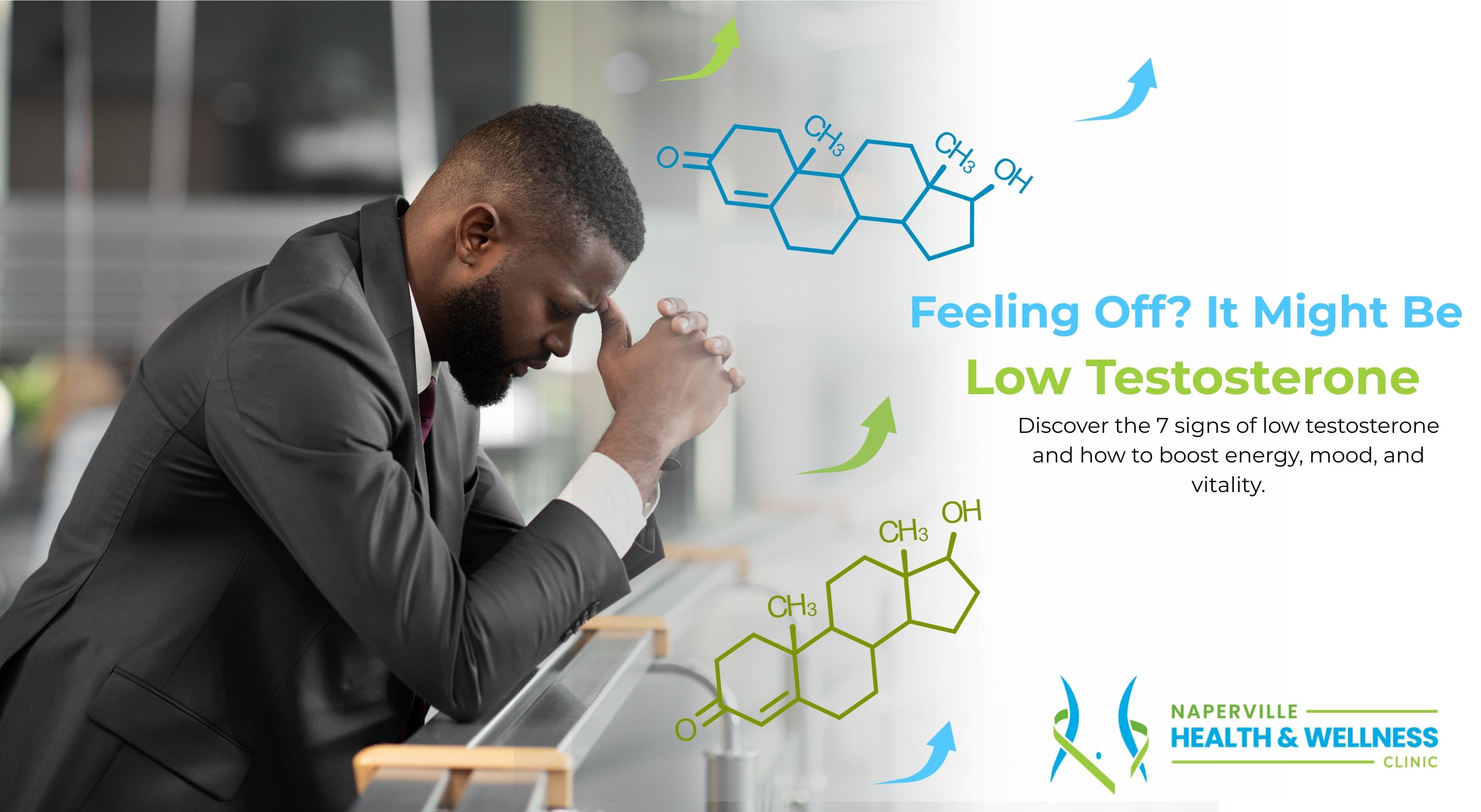 Man experiencing symptoms of low testosterone such as fatigue, mood changes, and low libido—healthcare illustration for Low T awareness blog.