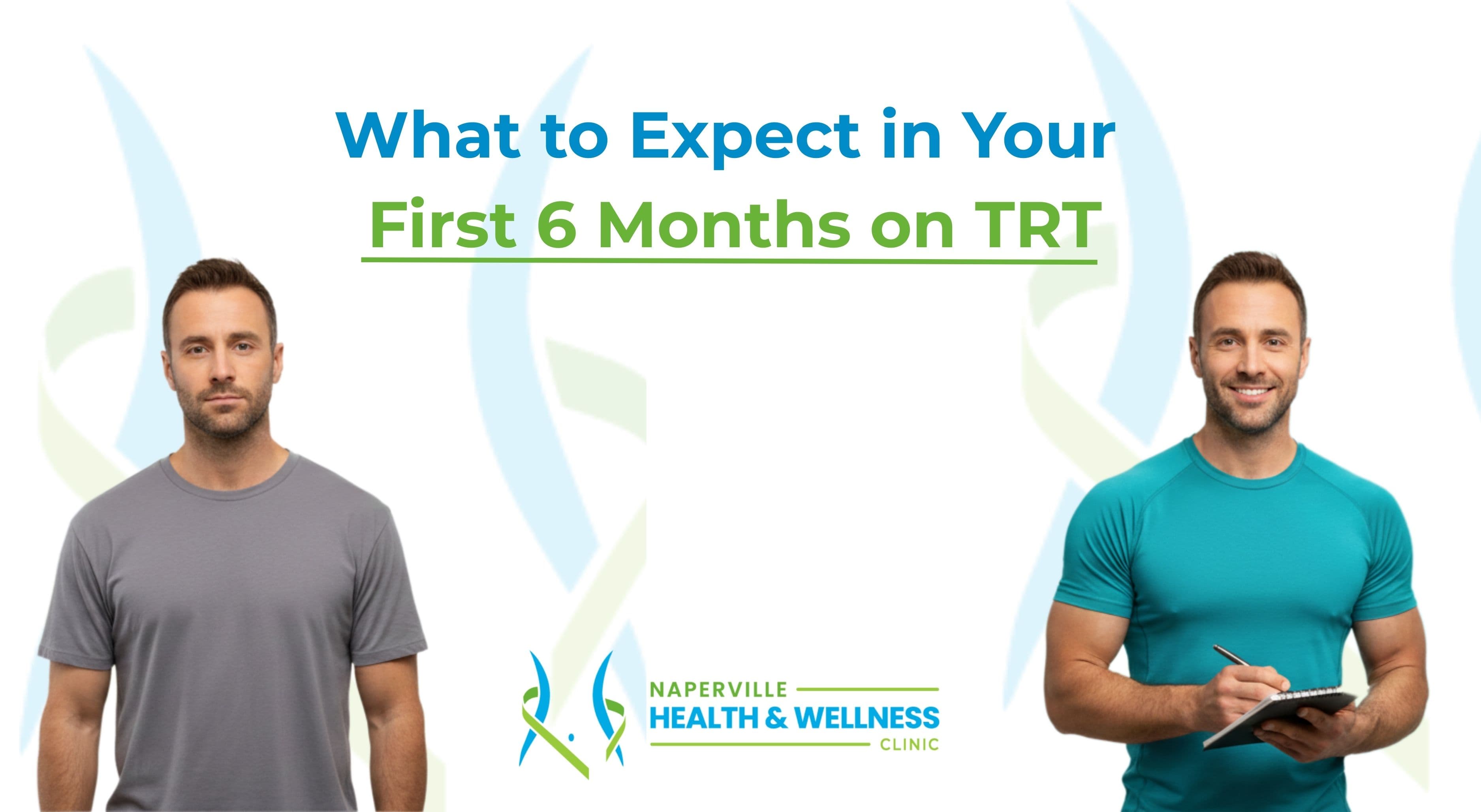 Man beginning testosterone therapy with month-by-month TRT improvement timeline illustrated