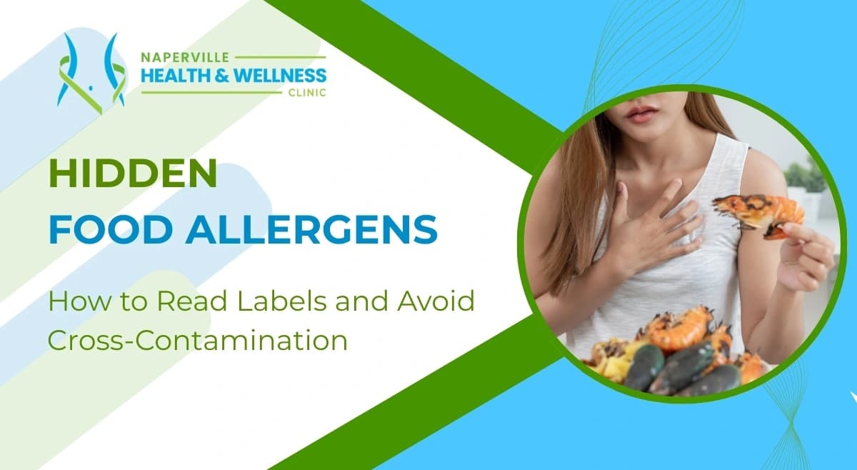 Woman having allergic reaction to seafood with text about hidden food allergens, reading labels, and avoiding cross-contamination.