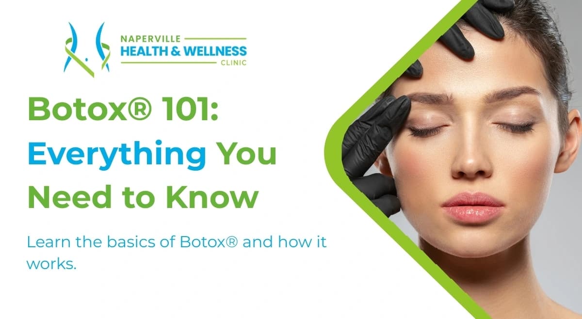 Woman's face with hands in black gloves, alongside text 'Botox® 101: Everything You Need to Know' and clinic logo.