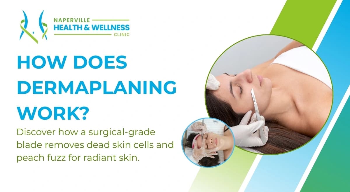 Image showing dermaplaning procedure with a surgical blade on a person's face, explaining how it removes dead skin and peach fuzz.