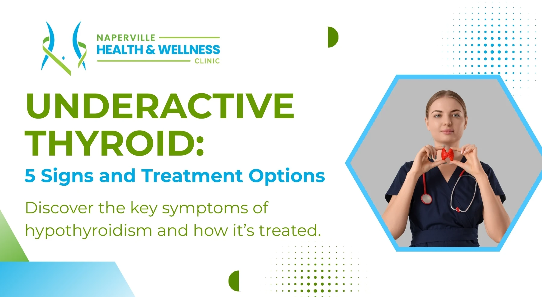 Naperville Health & Wellness Clinic graphic: Underactive Thyroid. Medical professional holds a thyroid gland model.