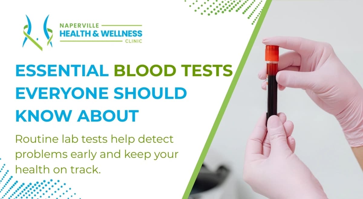 Hands in pink gloves holding a blood test tube next to "Essential Blood Tests Everyone Should Know About" text.