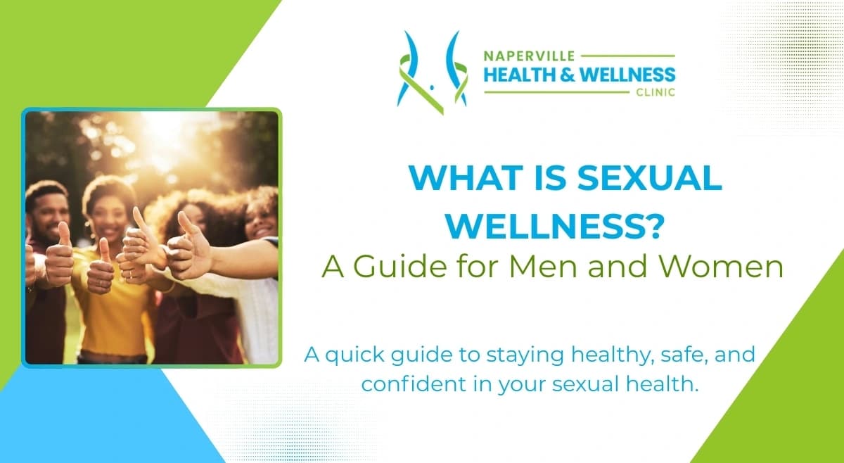Four diverse young adults smiling and giving thumbs up, next to text about sexual wellness guide from Naperville Clinic.