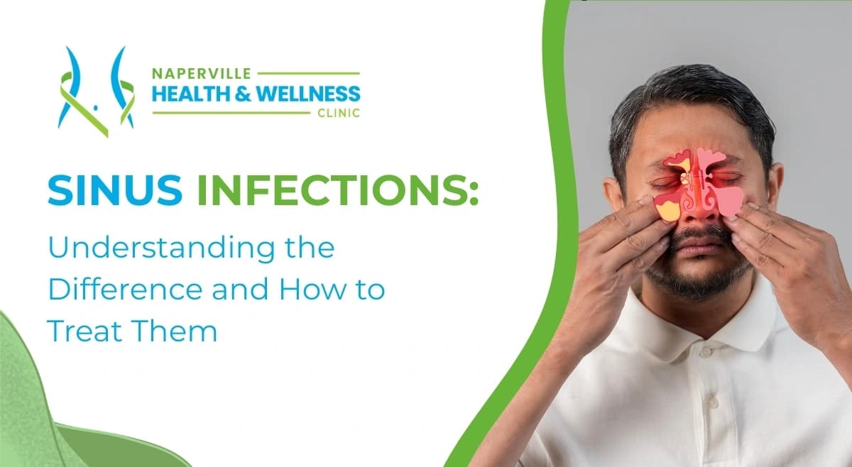 Man with animated sinus infection illustration. Text: 'SINUS INFECTIONS: Understanding the Difference and How to Treat Them'. Clinic logo.