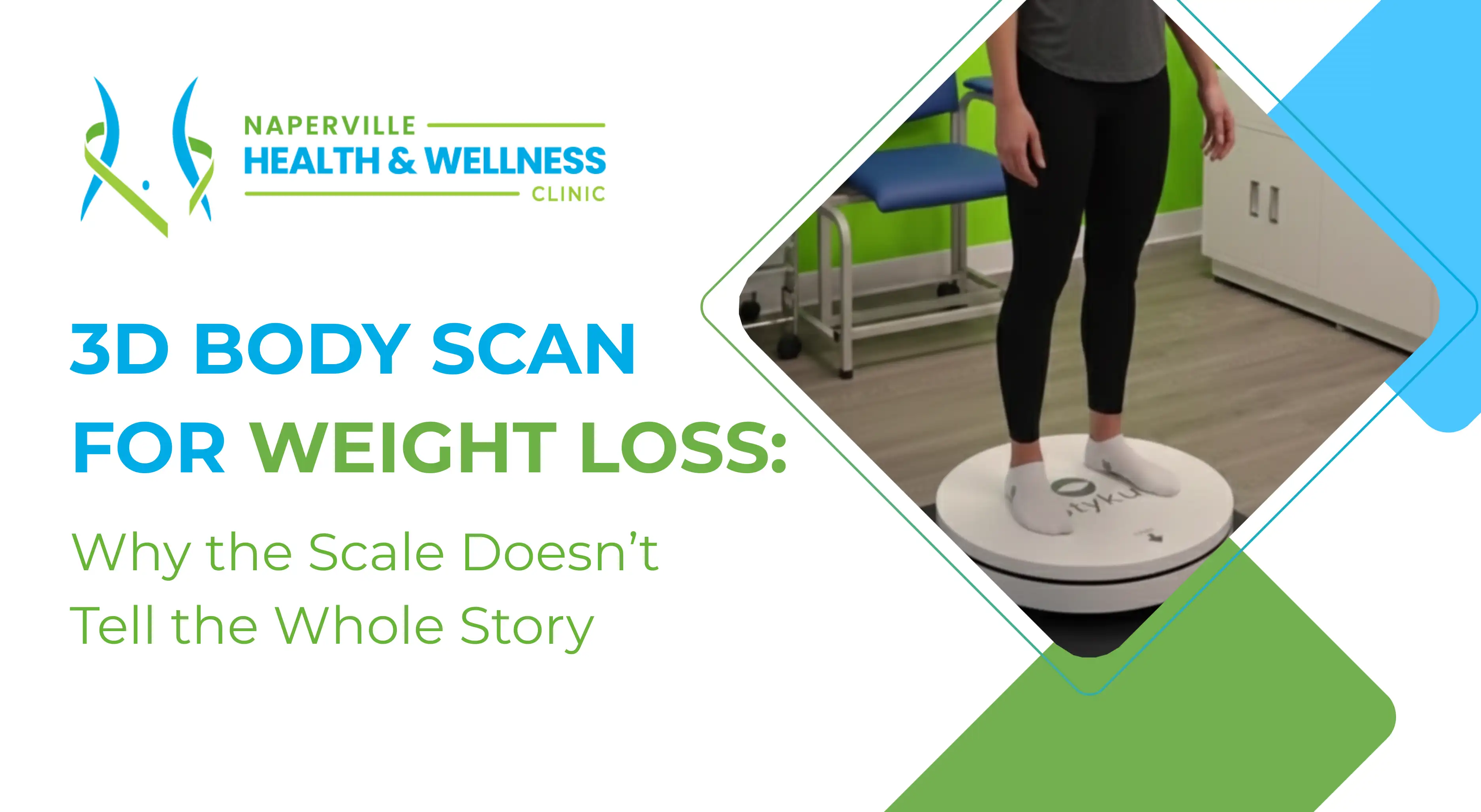 A promotional graphic for Naperville Health & Wellness Clinic's 3D body scan for weight loss, featuring a person using a body scanner.