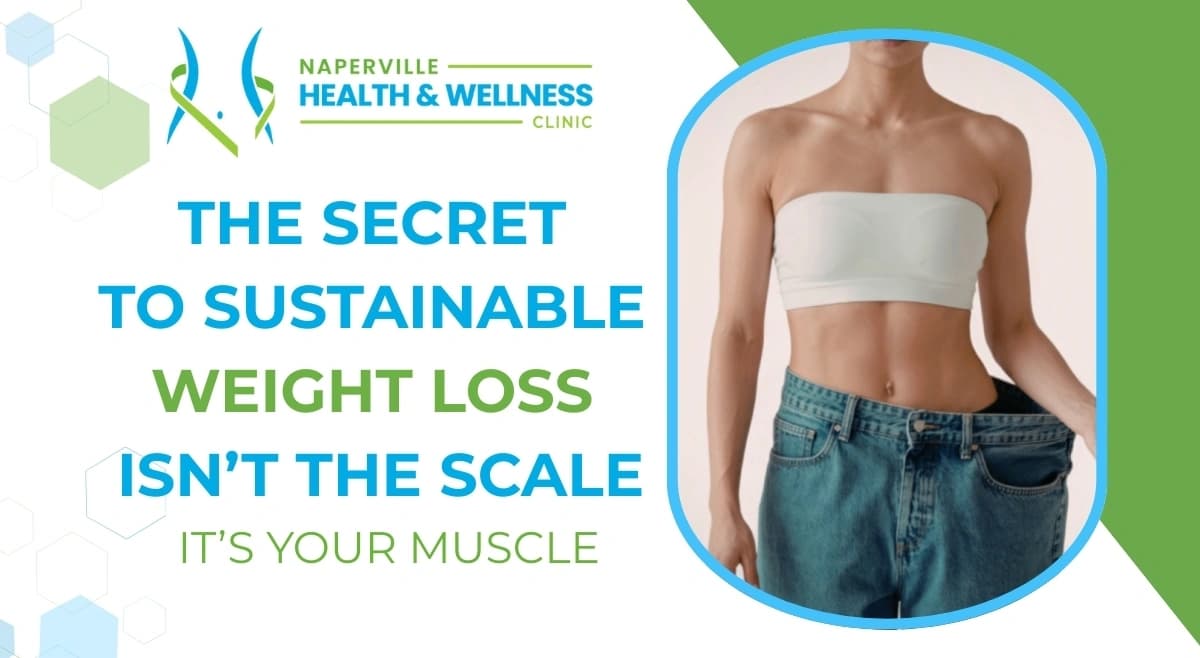 Woman showing significant weight loss by holding out oversized jeans. Text: 'The Secret to Sustainable Weight Loss Isn't the Scale, It's Your Muscle.'